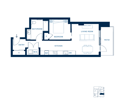 Floor plan for 1 bed, 1 bath, 555 sqft